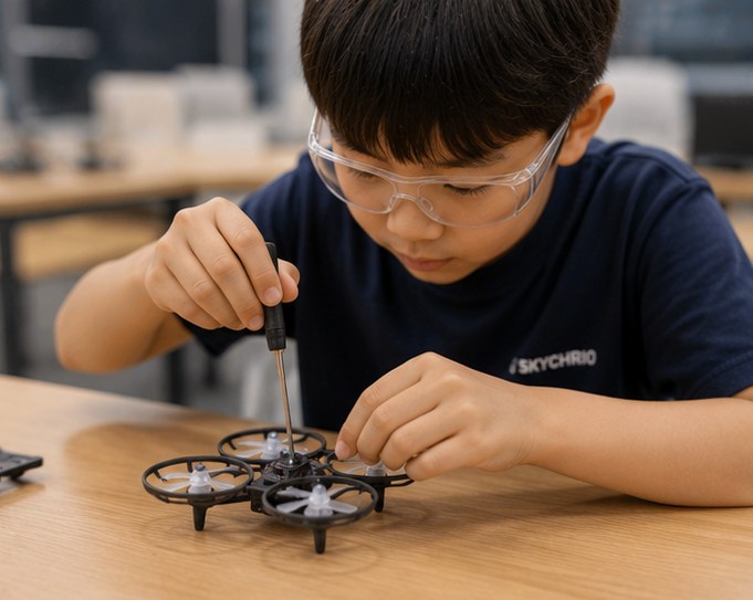 Student wearing safety glasses assembling a small drone with a screwdriver