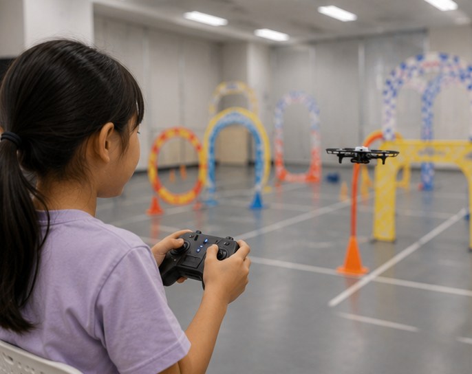 Student steering a small drone through a course of racing gates