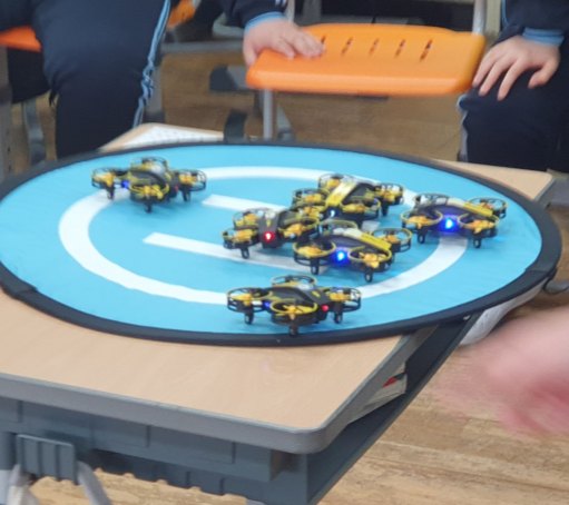 Mini drones on a landing pad during a school class